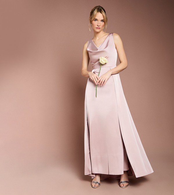 فستان ماكسي ساتان بقبة منسدلة بلا كم لوصيفات العروسة والمقاسات الصغيرة