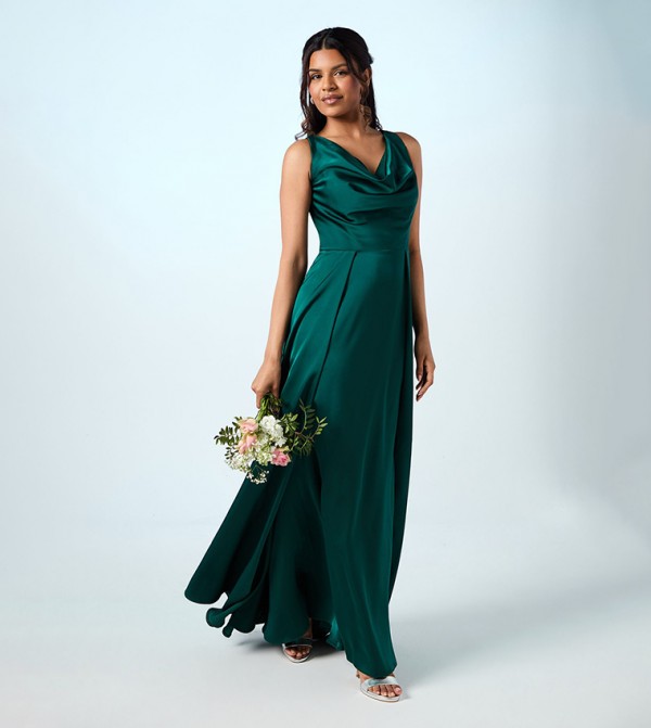 Petite Sleeveless Cowl Neck Satin Maxi Bridesmaid Dress