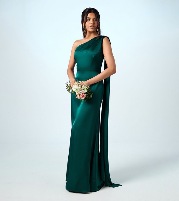 Petite Drape One Shoulder Satin Maxi Bridesmaid Dress