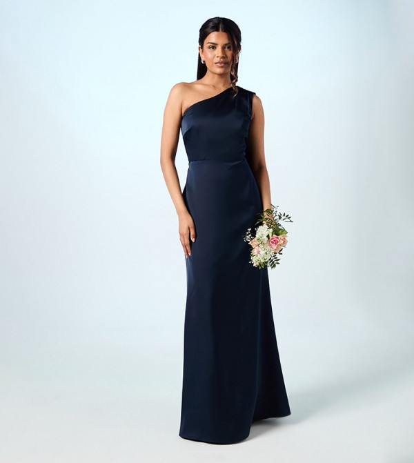 Petite Drape One Shoulder Satin Maxi Bridesmaid Dress