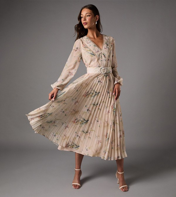 Printed Long Sleeves V-Neck Pleated Midi Dress