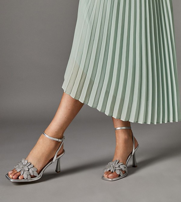 Sandie Faux Metallic Leather Diamante Petal Heel Sandals