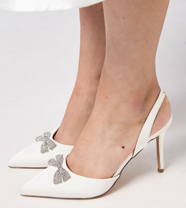 Bridal Scarlett Satin Diamante Bow Brooch Slingback Heel Pumps