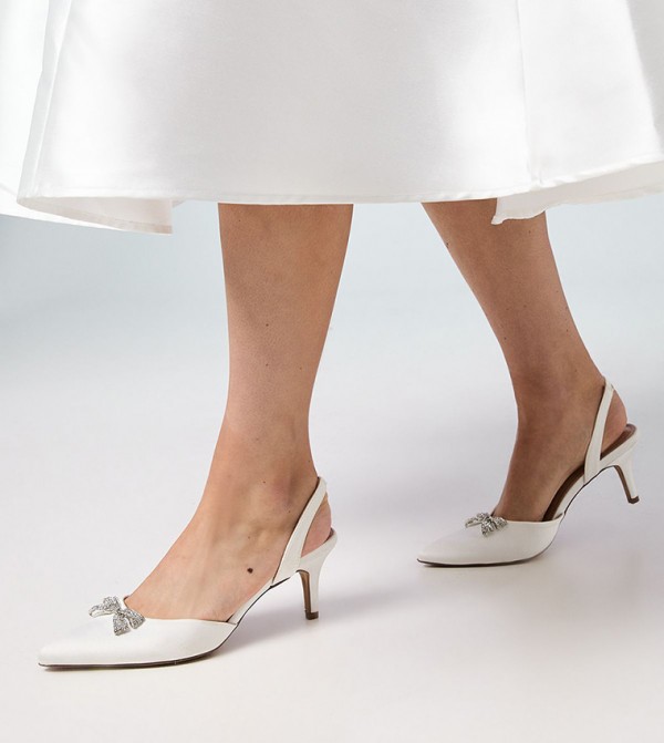 Bridal Sam Satin Diamante Bow Brooch Slingback Kitten Heel Pumps