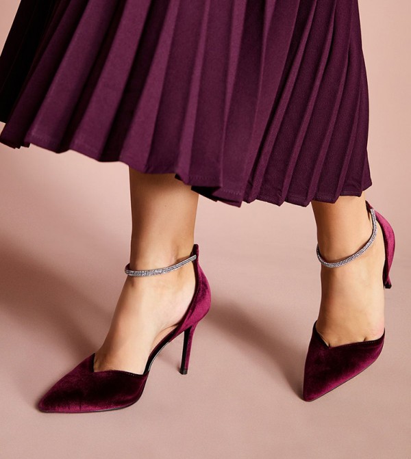 Sicily Velvet Diamante Ankle Strap Pumps