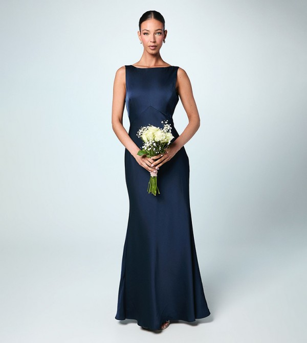 Back Sash Detail Satin Bridesmaid Maxi Dress