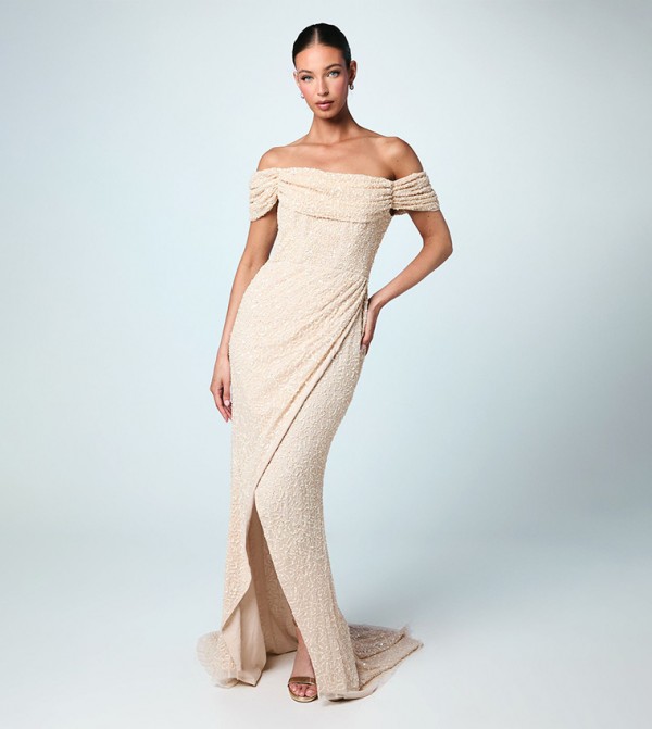 Sequined Bardot Wrap Skirt Maxi Dress