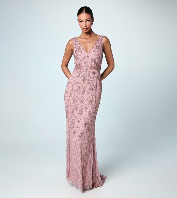 Plunge Floral Embellished Bridesmaids Maxi Dress