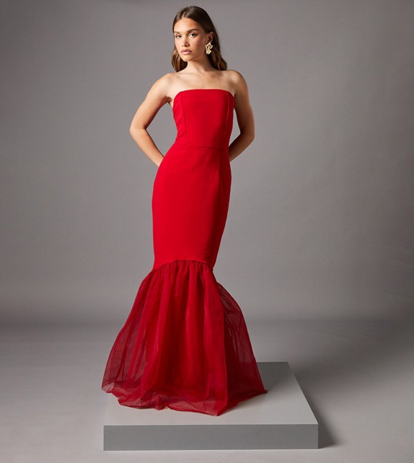 Strapless Fitted Maxi Dress with Tulle Fishtail Hem