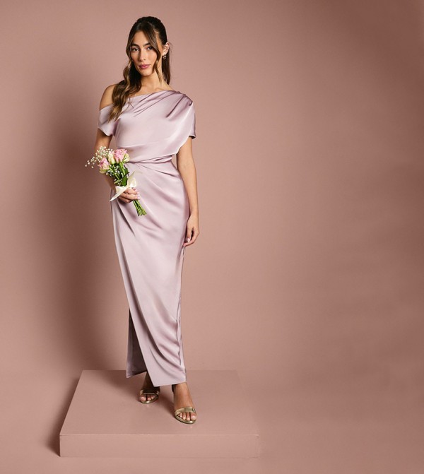 Satin Ruched Detail Off Shoulder Maxi Bridesmaid Dress