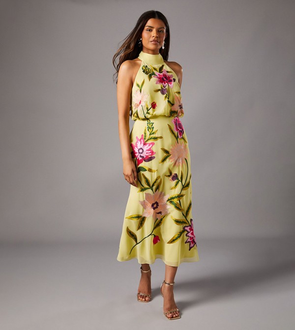 Petite Embroidered Halter Neck Midi Dress