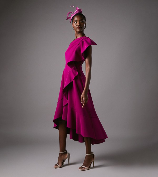 One Shoulder Crepe Ruffle Midi Dress