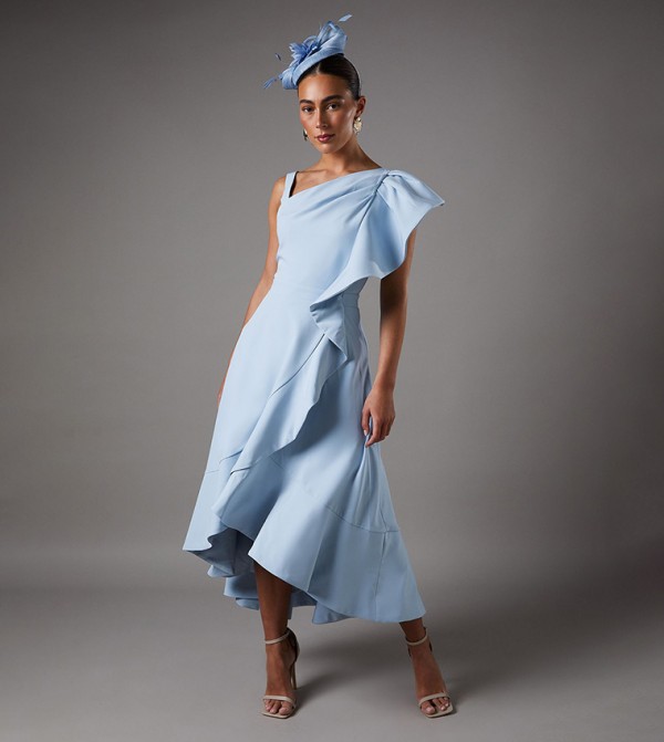 One Shoulder Crepe Ruffle Midi Dress