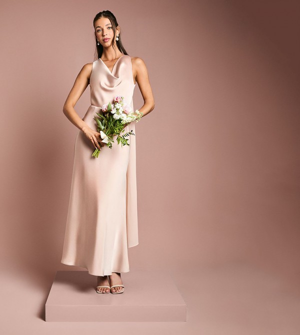 Chiffon Drape Satin Cowl Neck Bridesmaids Maxi Dress