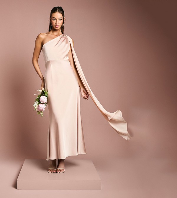 Chiffon Drape Satin One Shoulder Bridesmaids Maxi Dress