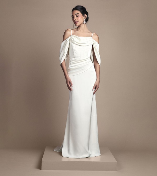 Cowl Neck Corset Drape Satin Maxi Wedding Dress