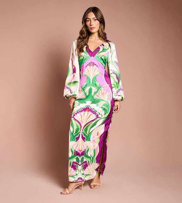 Printed Long Sleeves Midi Dress