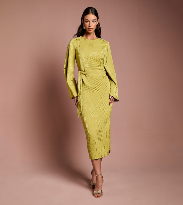 Long Flared Sleeves Pleated Jacquard Midi Dress