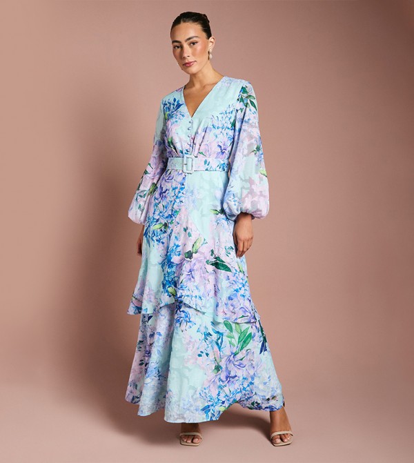 Printed Long Sleeves Chiffon Midaxi Dress