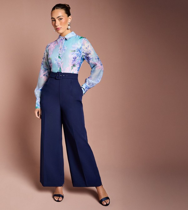 Printed Collared Wide Leg Belted Jumpsuit