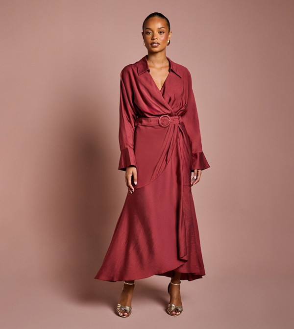 Petite Twill Long Sleeves Wrap Maxi Dress