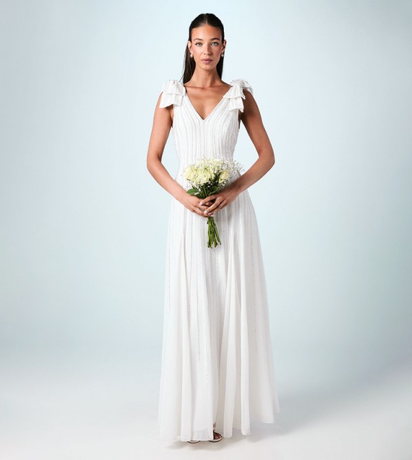 Embellished Bow Shoulder Maxi Wedding Dress