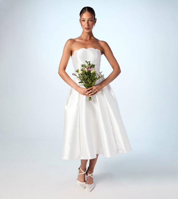 Scalloped Strapless Midi Wedding Dress