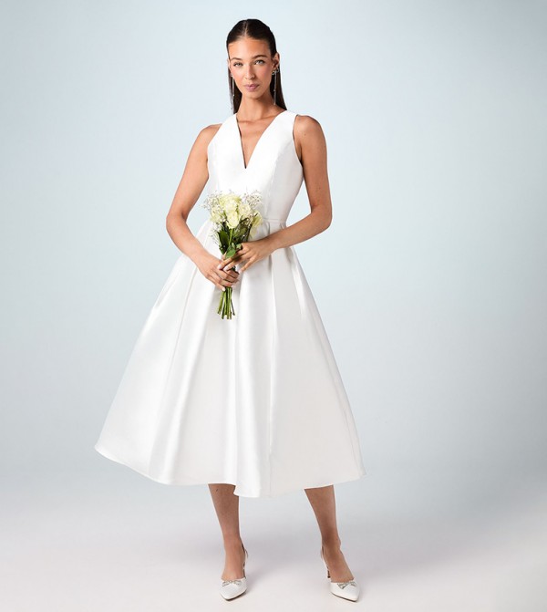 Plunge Neck Bow Waist Midi Party Dress