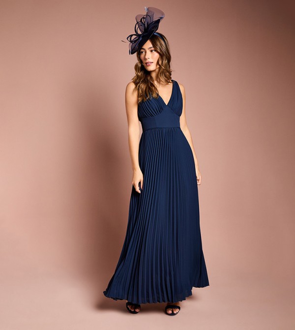 Pleated Plunge Neck Midi Dress