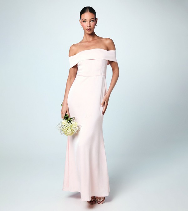 Off Shoulder Satin Maxi Bridesmaid Dress