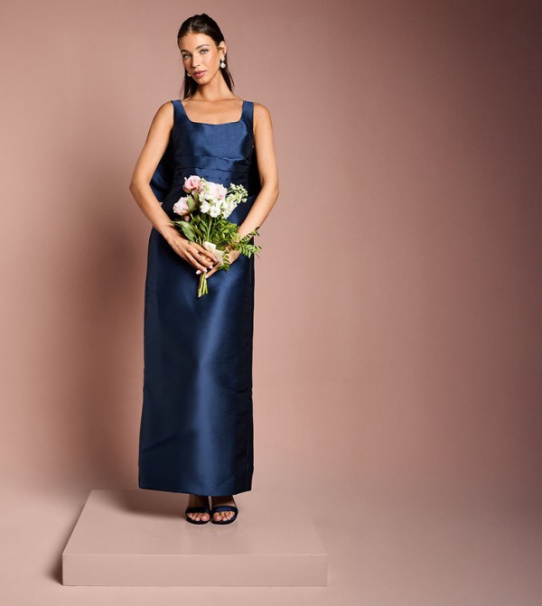 Twill Back Bow Sleeveless Column Bridesmaid Dress