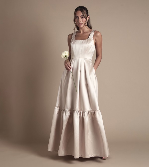 Twill Strapless Full Skirted Maxi Bridesmaid Dress