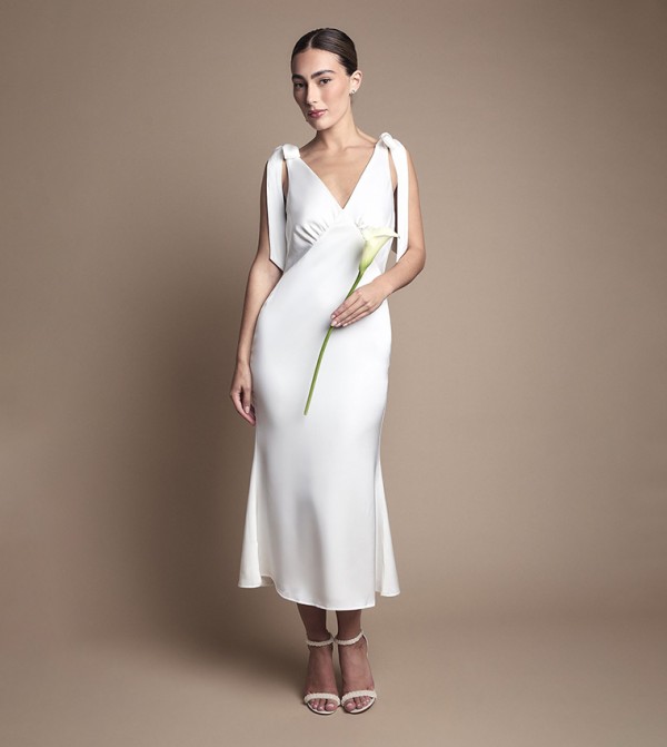 Satin Back Crepe Tie Shoulder Midi Bridesmaids Dress