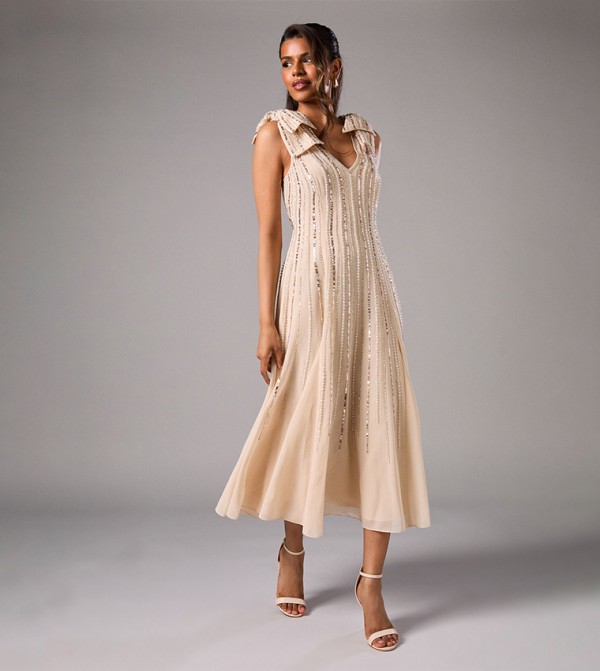 Petite Bow Shoulder Embellished Midi Dress