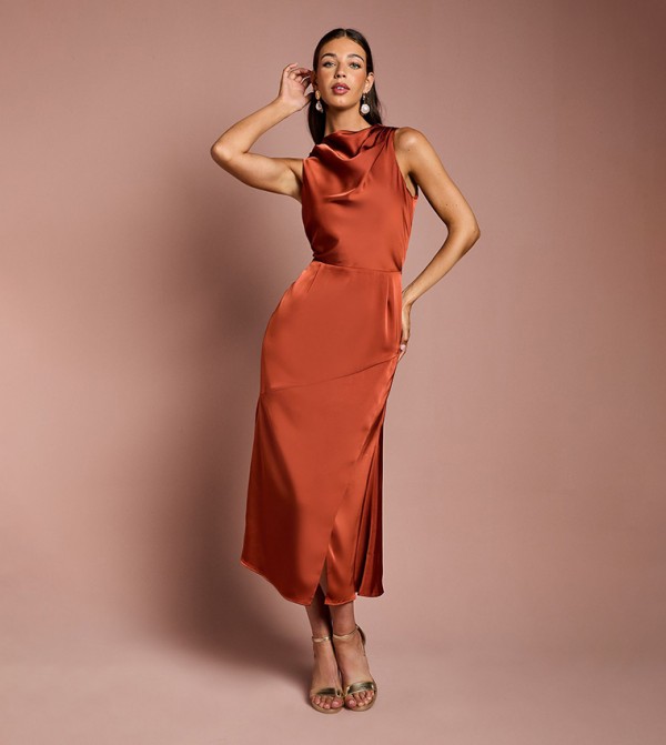 Cowl Neck Sleeveless Satin Midi Dress