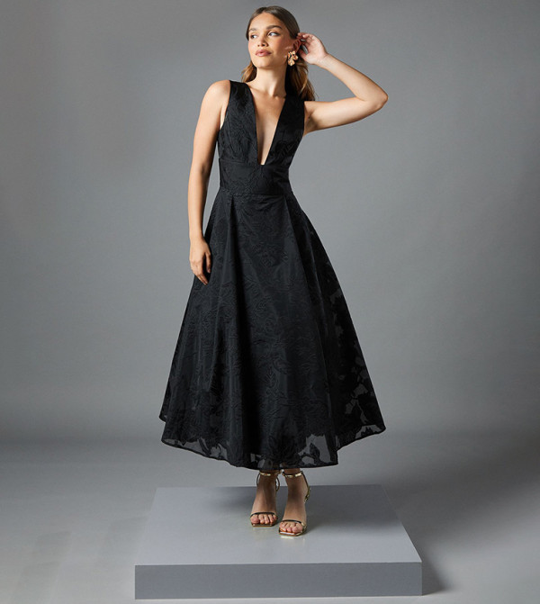 Plunge V Full Skirted Jacquard Midi Dress