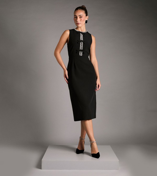 Diamante Bow Detail Sleeveless Crepe Midi Dress