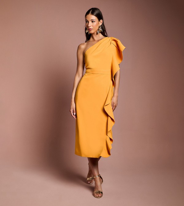 One Shoulder Ruffle Crepe Pencil Midi Dress