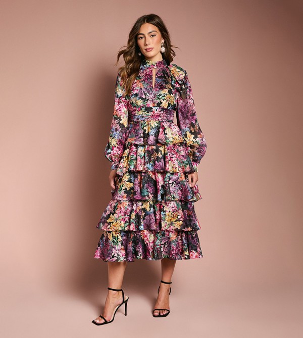 Printed Long Sleeves Chiffon Midaxi Dress