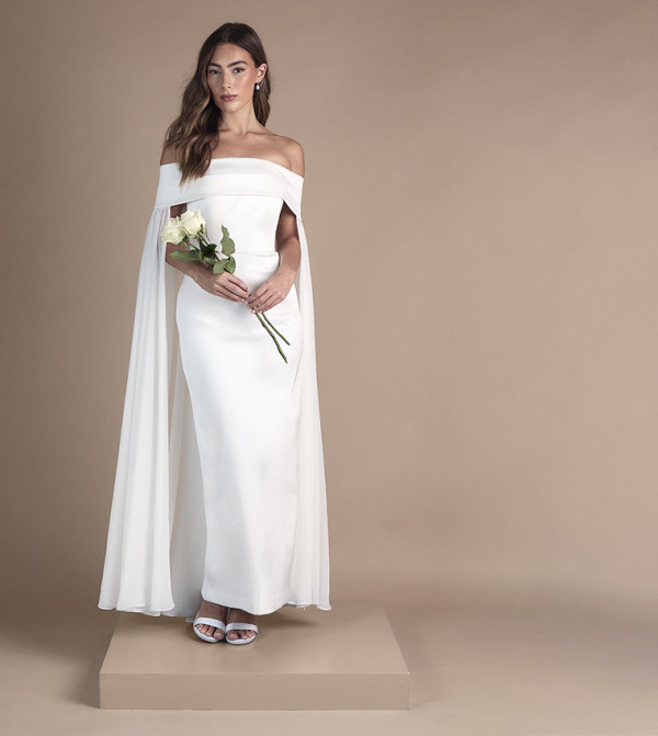 Bardot Cape Column Twill Wedding Dress