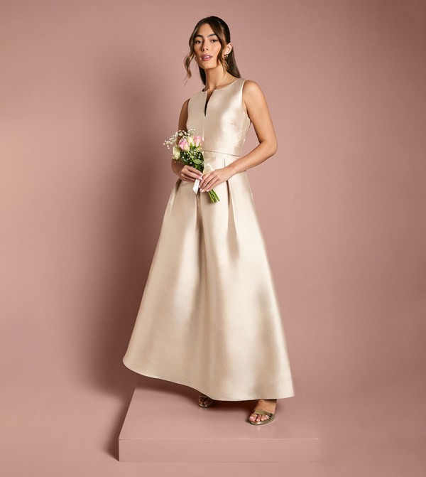 Twill Notch Neck Fit and Flare Bridesmaids Maxi Dress