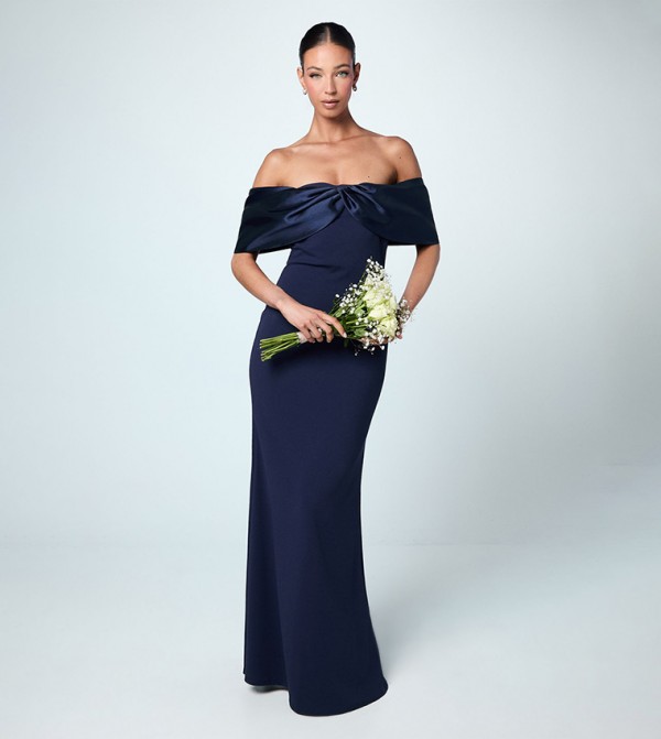 Satin Scuba Off Shoulder Bridesmaids Maxi Dress