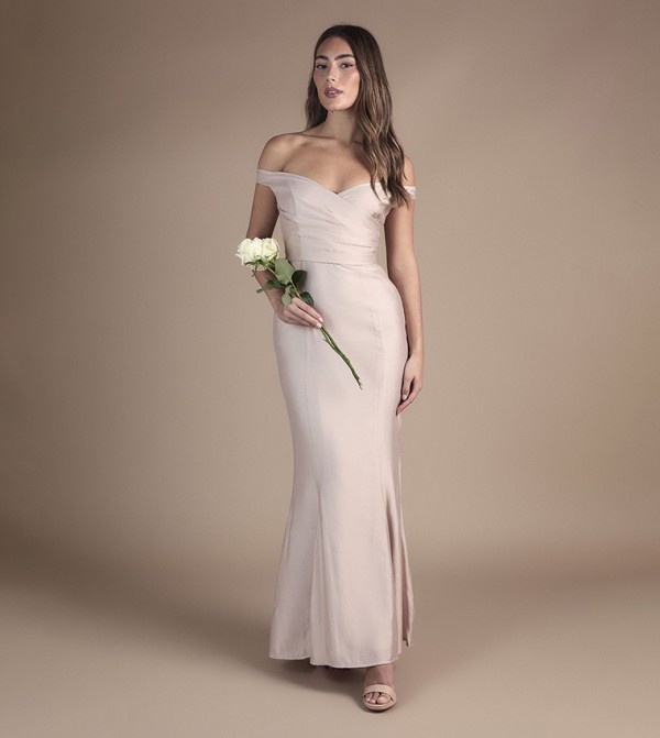 Bardot Gathered Satin Fishtail Bridesmaid Dress