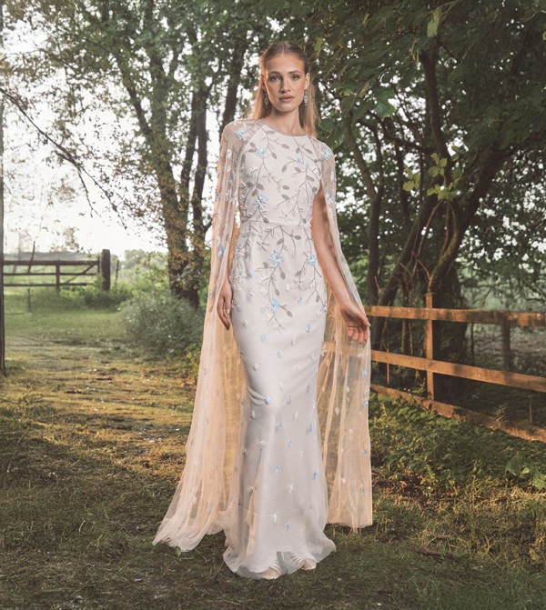 Floral Embellished Cape Maxi Wedding Dress