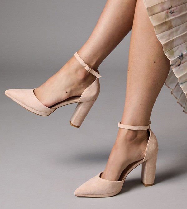 Sadie Faux Suede Pointed High Block Heel Pumps