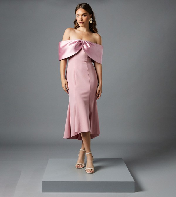 Satin Off Shoulder Midi Dress