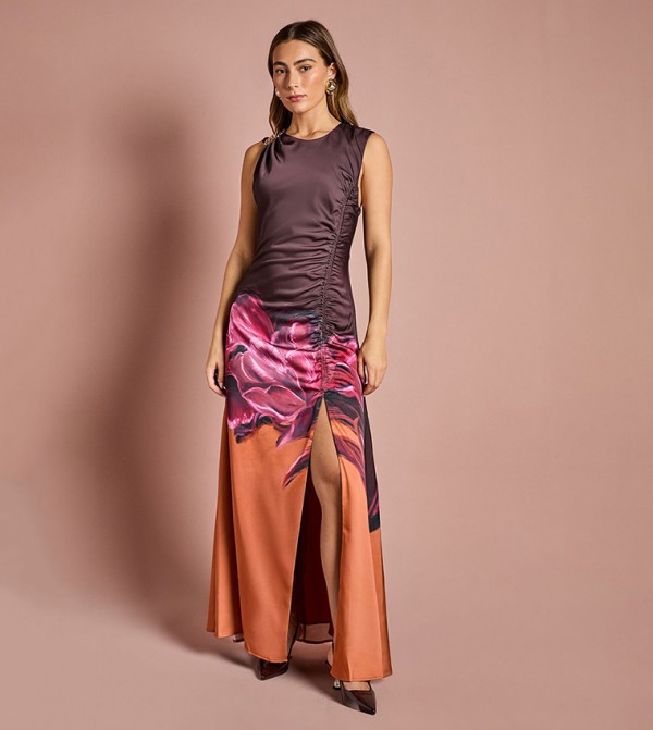 Ruched Detail Placement Print Satin Maxi Dress