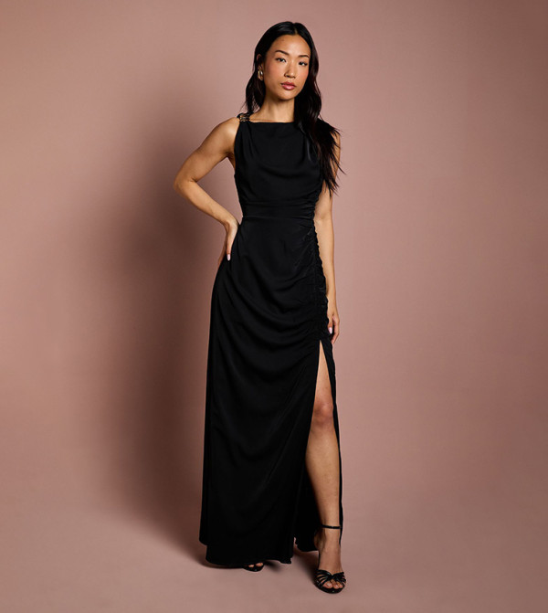 Sleeveless Ruched Midi Dress with Buckle Detail