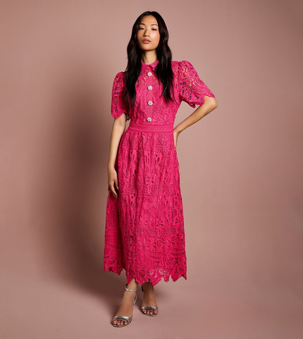 Lace Short Sleeves Collared Midaxi Dress