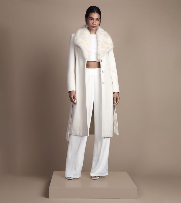 جاكيت ميدي بياقة فرو وحزام 